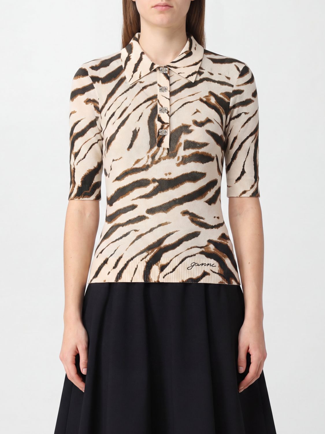 GANNI Zebra-Print Organic Cotton-Blend Knit Polo