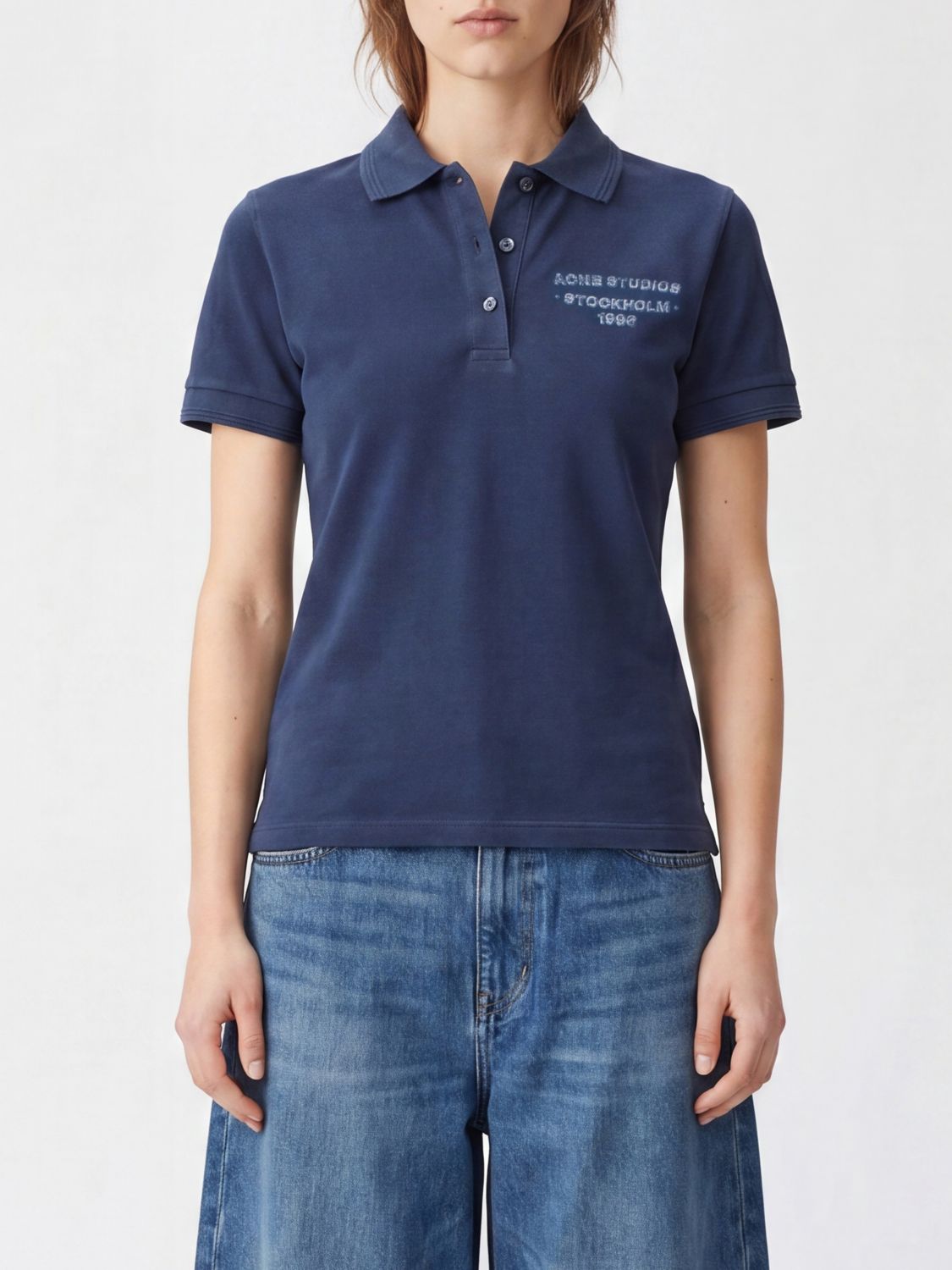 ACNE STUDIOS Polo cropped in piquet di cotone con logo ricamato