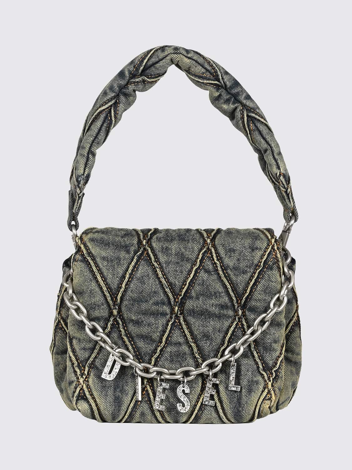 DIESEL Charm-D Denim Shoulder Bag with Rhinestone Logo and Charm