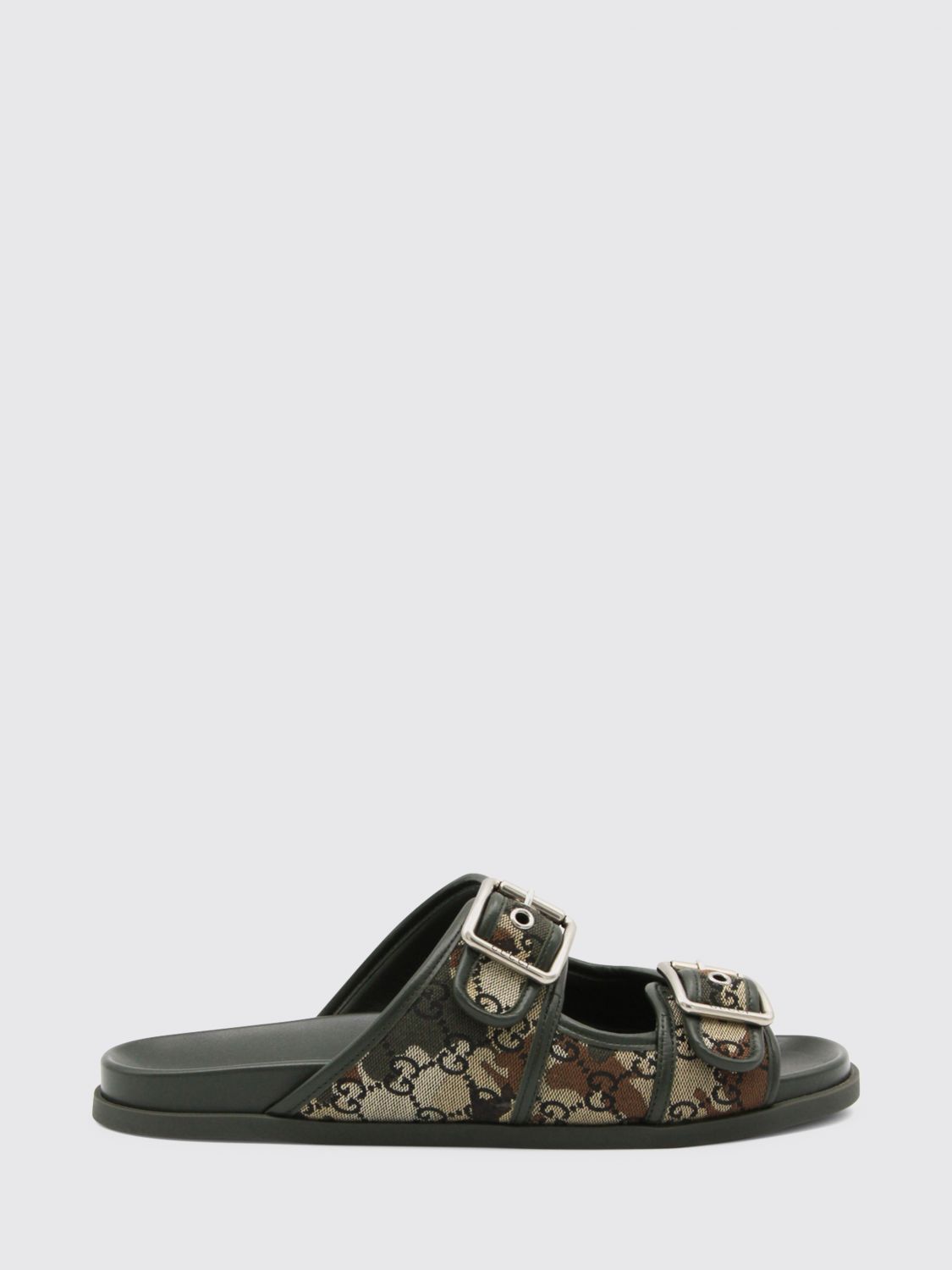 GUCCI Sandali in pelle e cotone con monogramma GG jacquard e fantasia camouflage