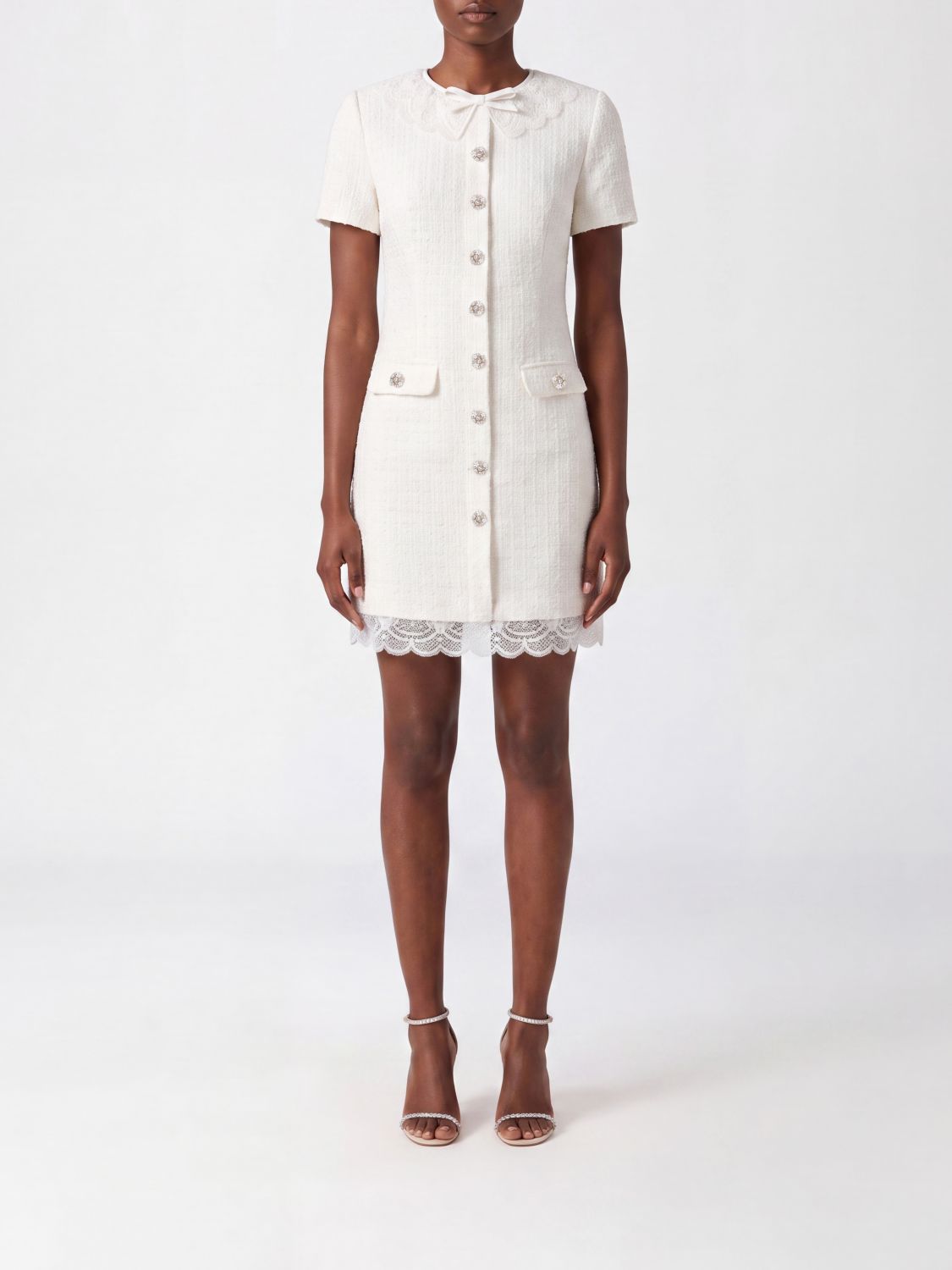 SELF-PORTRAIT A-Line Wool Bouclé Mini Dress with Lace and Sequins