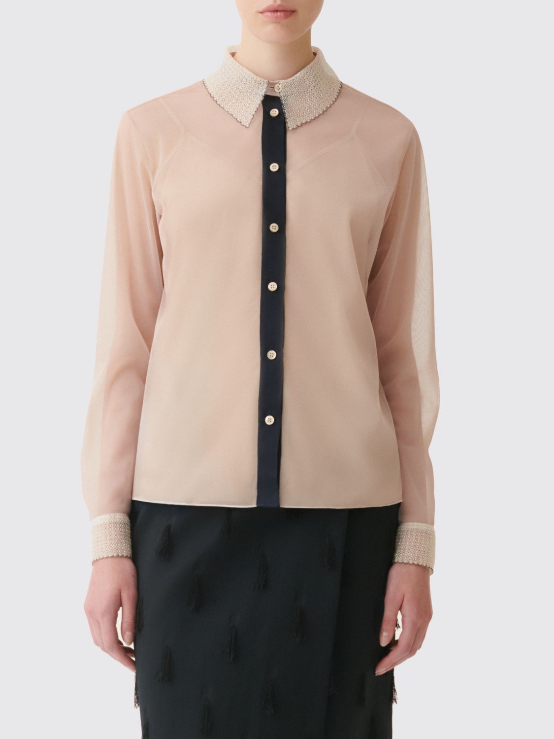 Fabiana Filippi Crêpe Shirt with a Lace Collar and Long Sleeves