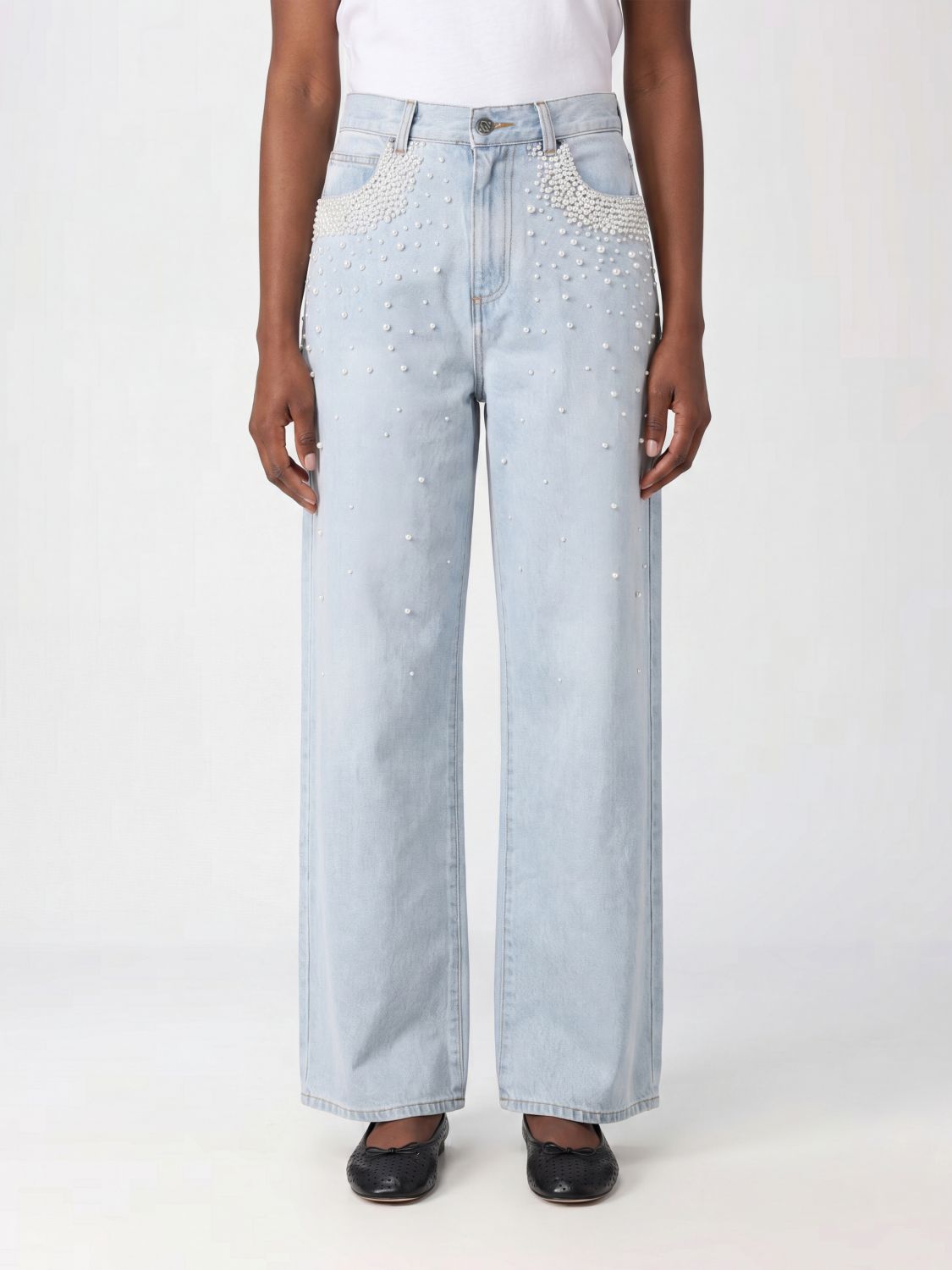 GIUSEPPE DI MORABITO Jeans wide leg a vita alta in denim con perline