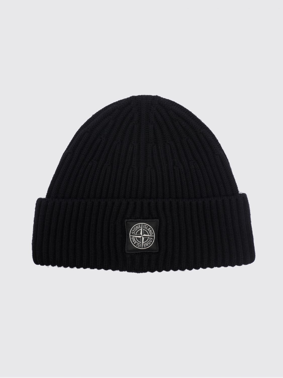 STONE ISLAND Ribbed RWS Virgin Wool Beanie Hat with Compass Logo Patch