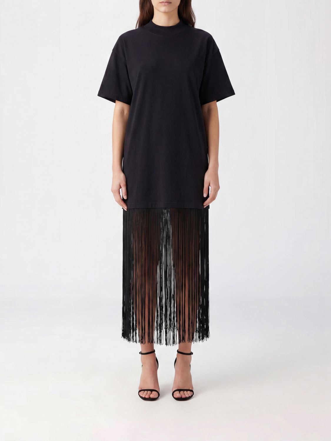 ALAÏA Longline Crewneck T-shirt in Cotton with a Fringed Hem