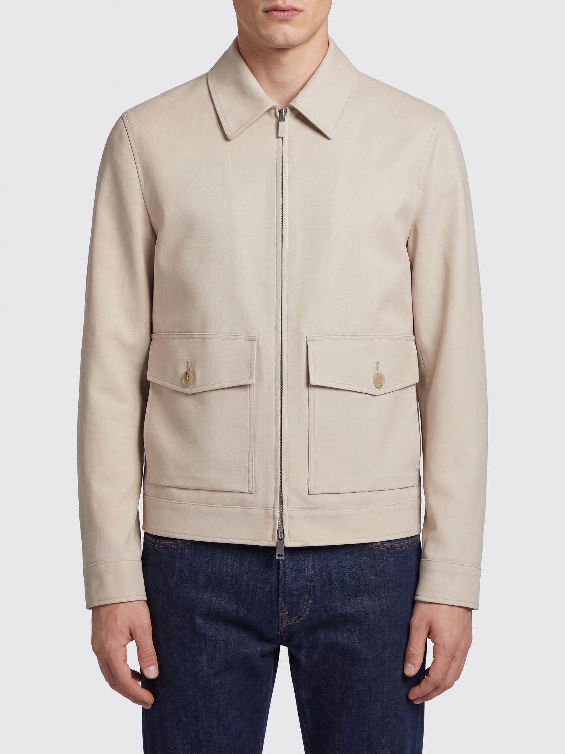 ZEGNA Giacca-camicia corta in puro lino con chiusura a zip e tasche a toppa