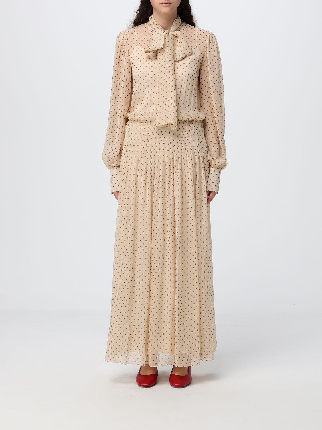 Crida Milano Papavero Polka-Dot Chiffon Maxi Chemisier Dress with Pussy-Bow Collar