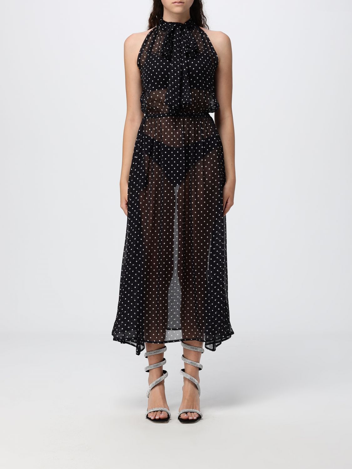 Crida Milano Taormina Polka-Dot Silk Chiffon Midi Dress with Halter Neck