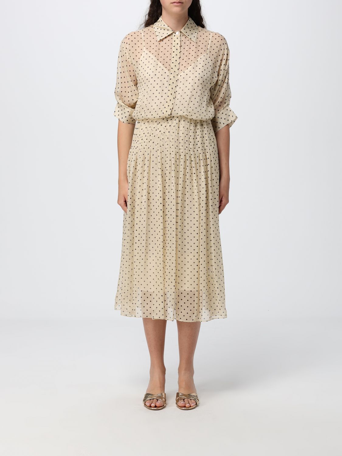 Crida Milano Polka-Dot Silk Chiffon Midi Chemisier Dress with Long Sleeves