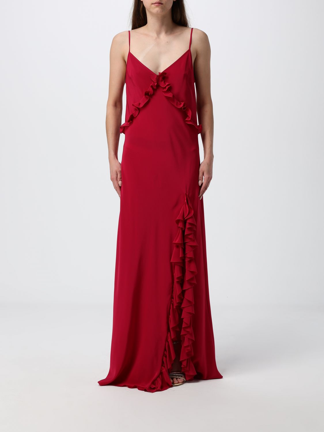 Crida Milano Ibisco Crêpe Maxi Gown with Ruffles and Front Slit