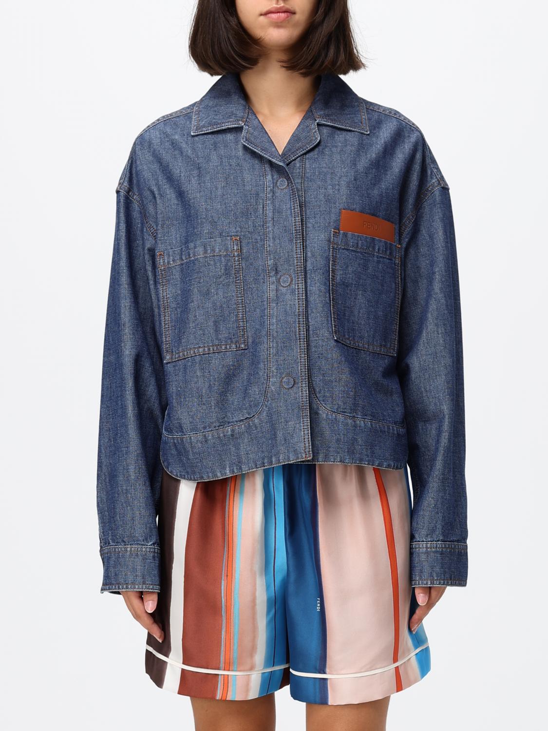 Fendi Cropped Shirt-Style Cotton Denim Jacket with Embossed Logo · 44