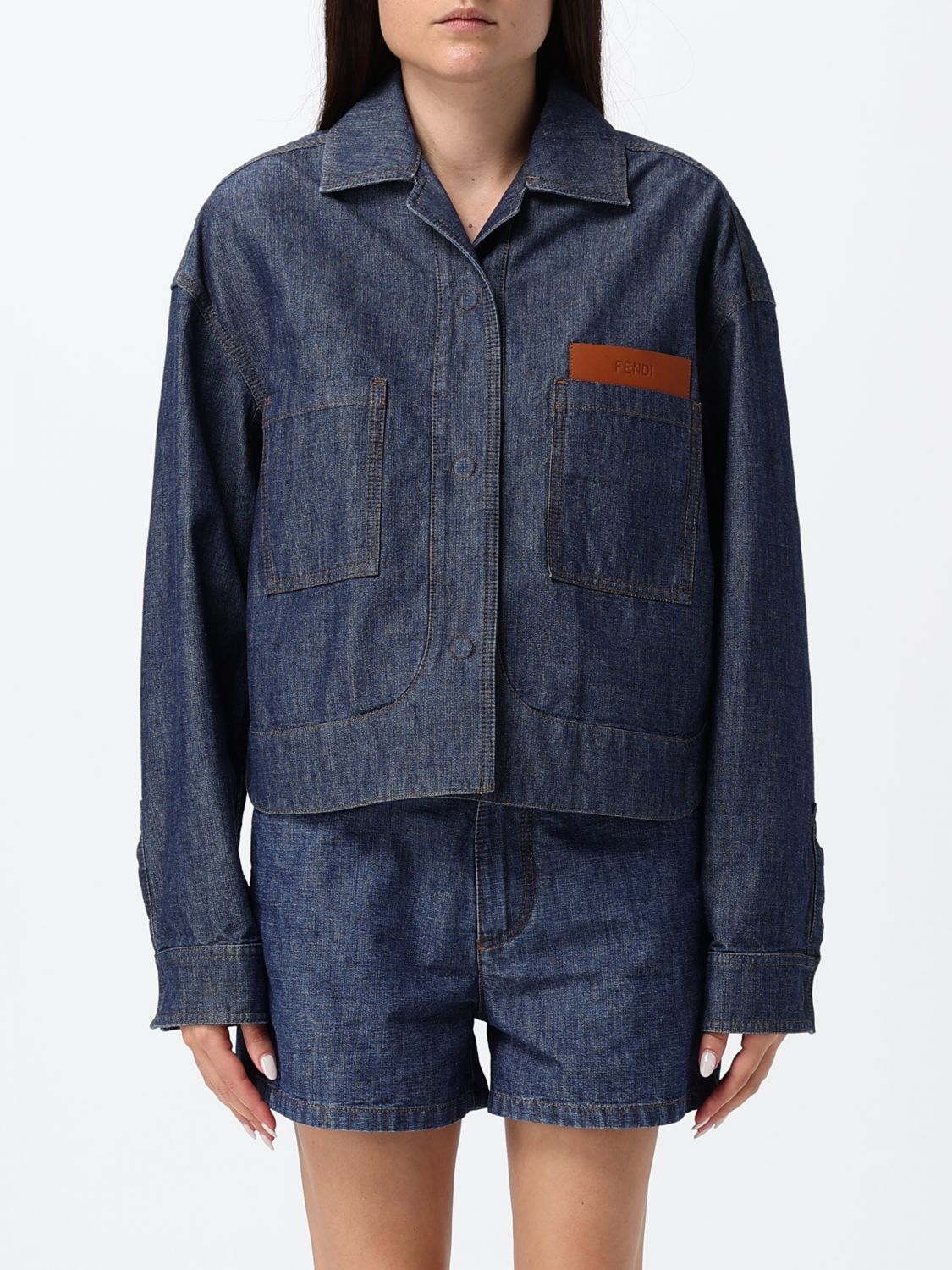 FENDI Giacca corta di jeans stile camicia in cotone con logo impresso
