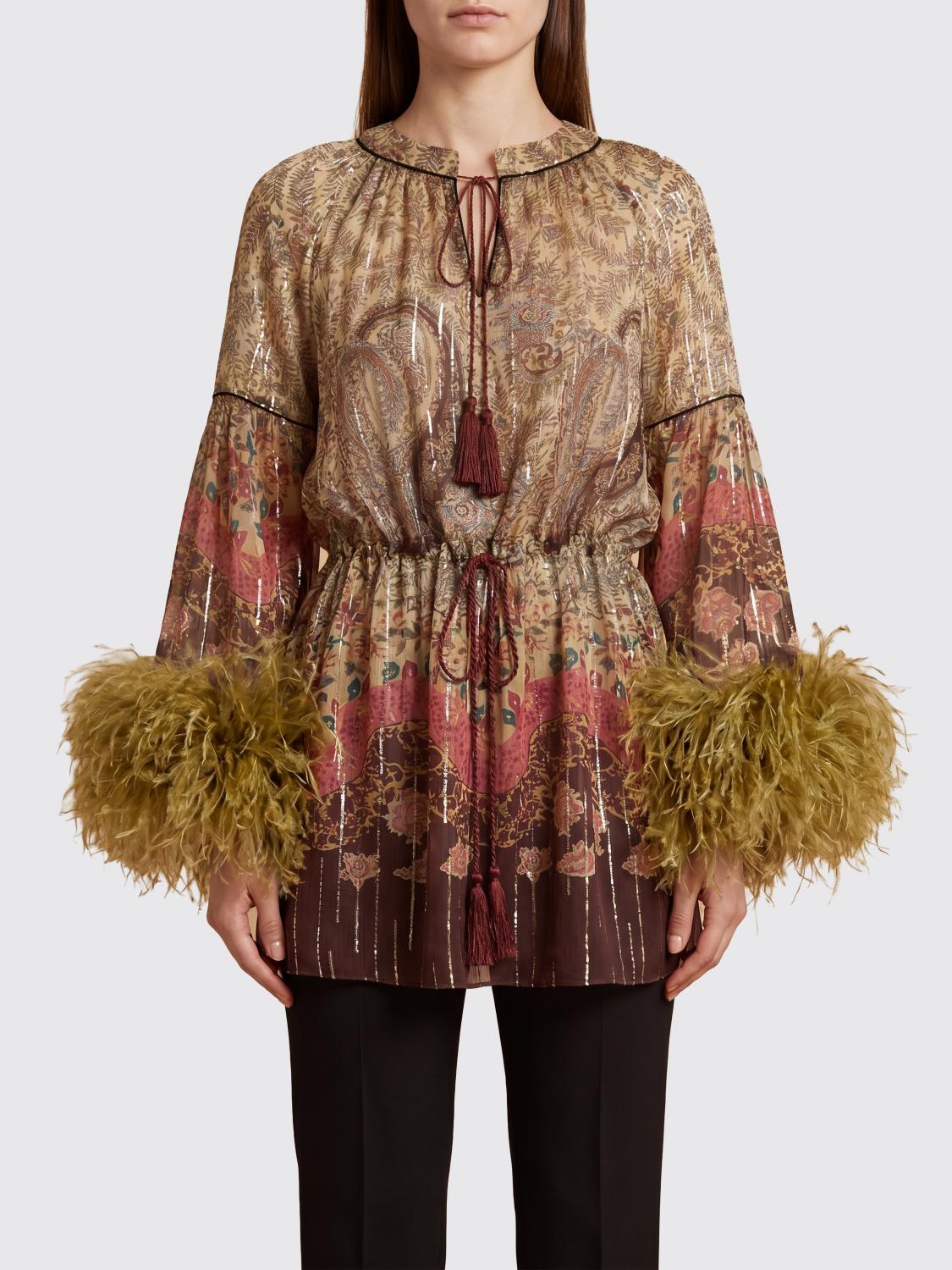 VALENTINO Paisley Print Silk Blouse with Ostrich Feather Cuffs