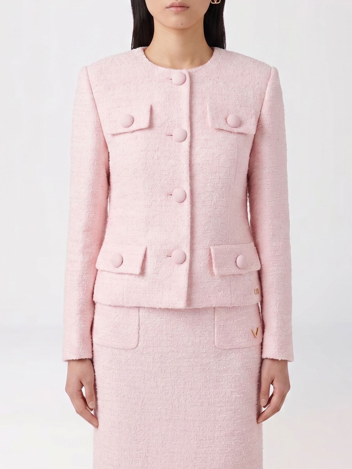 VALENTINO GARAVANI Cropped Slim Fit Tweed Blazer with Crew Neck