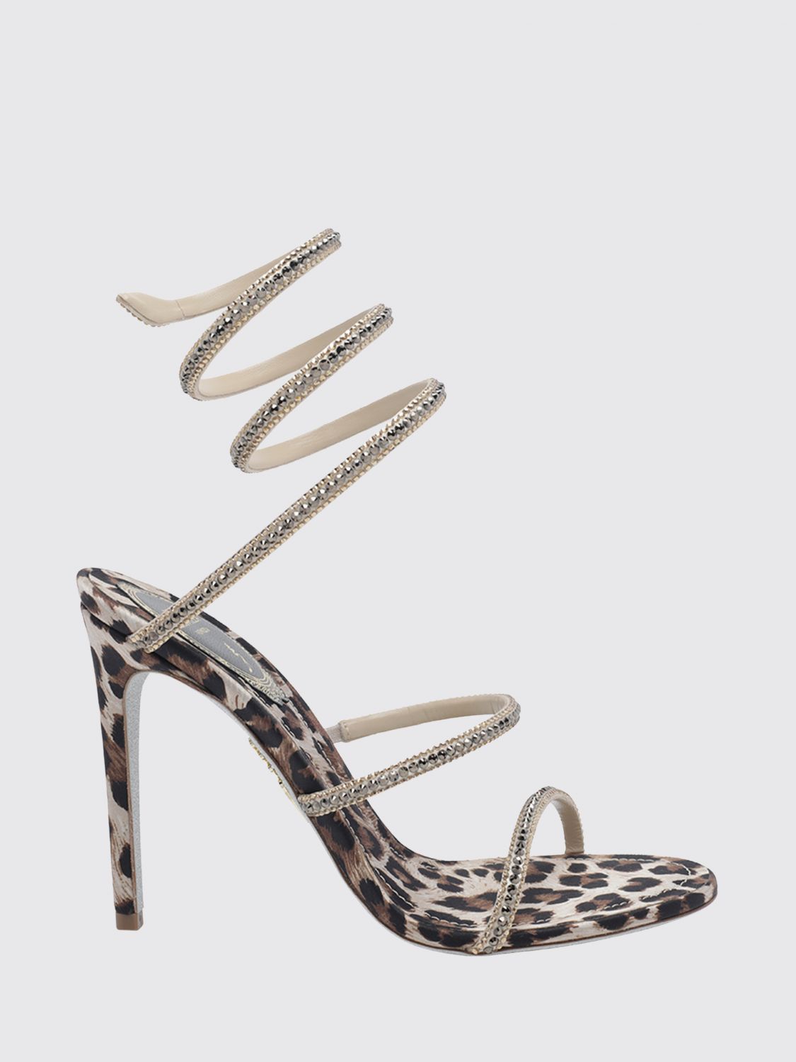 RENE CAOVILLA Sandali Cleo in raso animalier con cinturino Snake e cristalli
