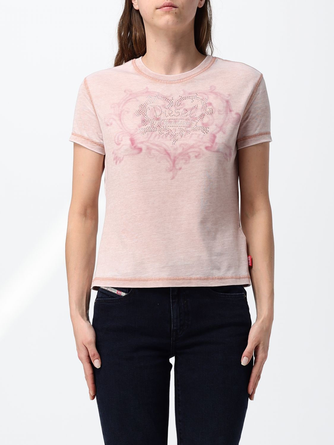 DIESEL Slim Fit Cotton T-shirt with Front Rhinestone Logo