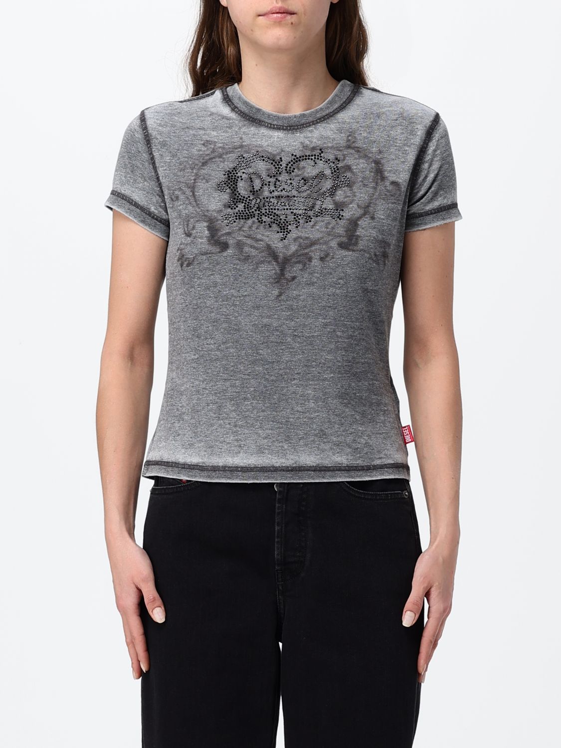 DIESEL Slim Fit Cotton T-shirt with Front Rhinestone Logo