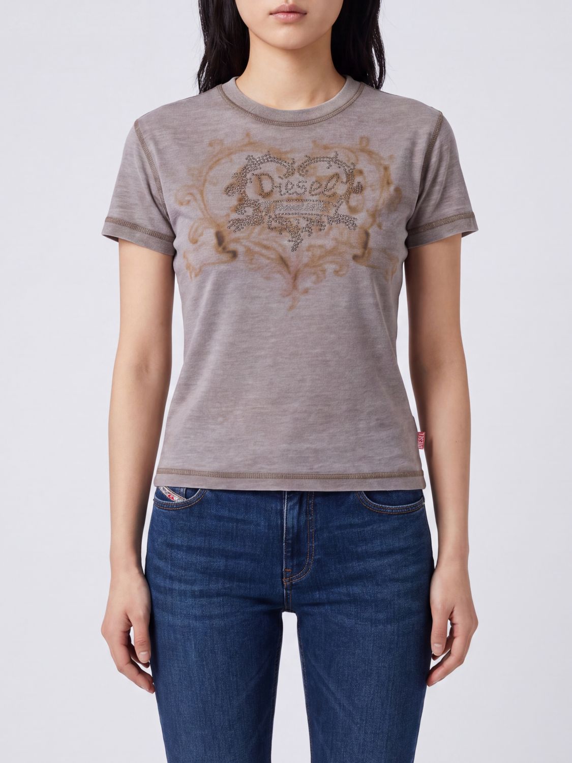 DIESEL T-shirt slim fit in cotone con logo frontale in strass