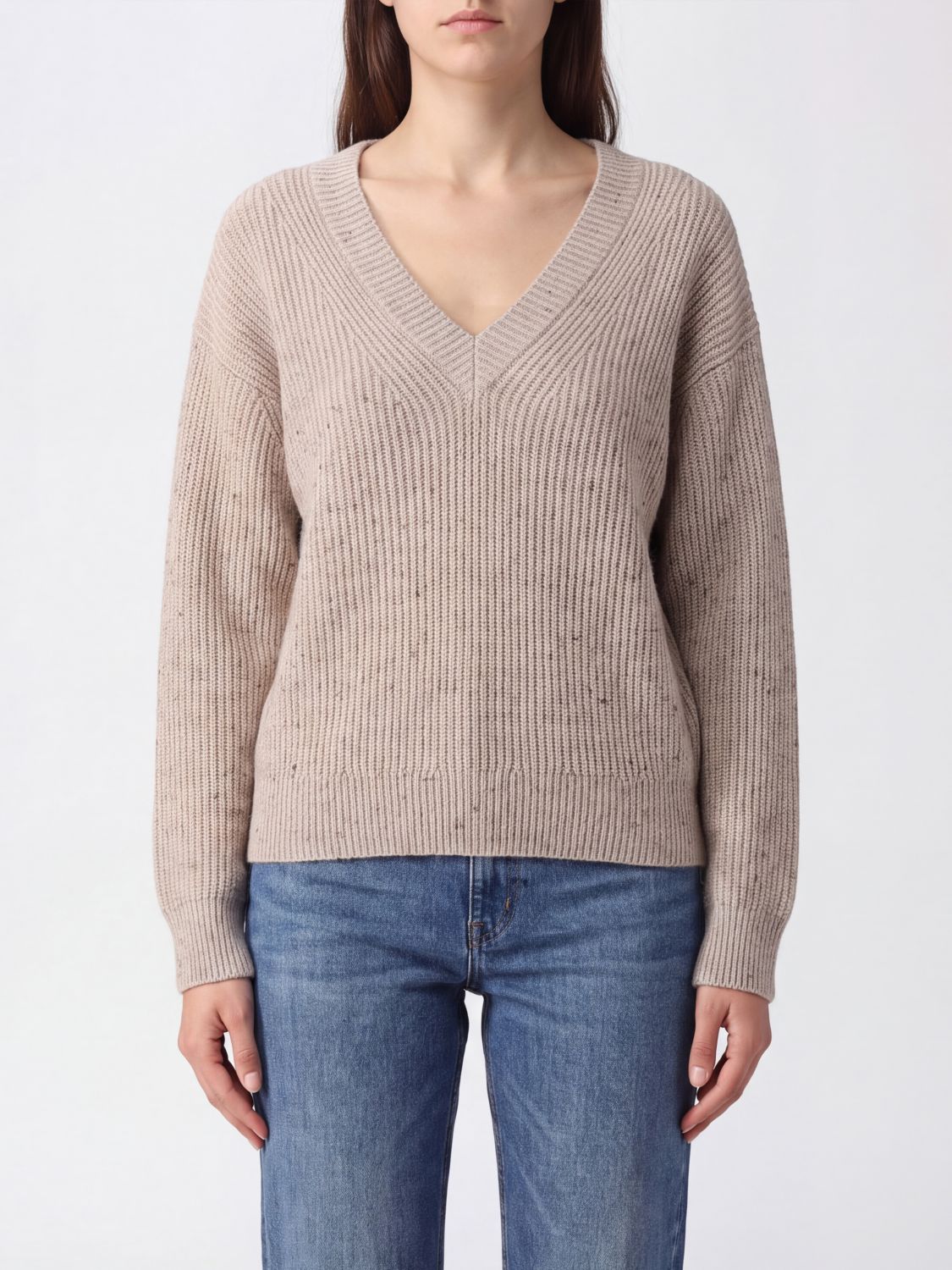 Brunello Cucinelli Ivory V-Neck Cashmere Blend Jumper