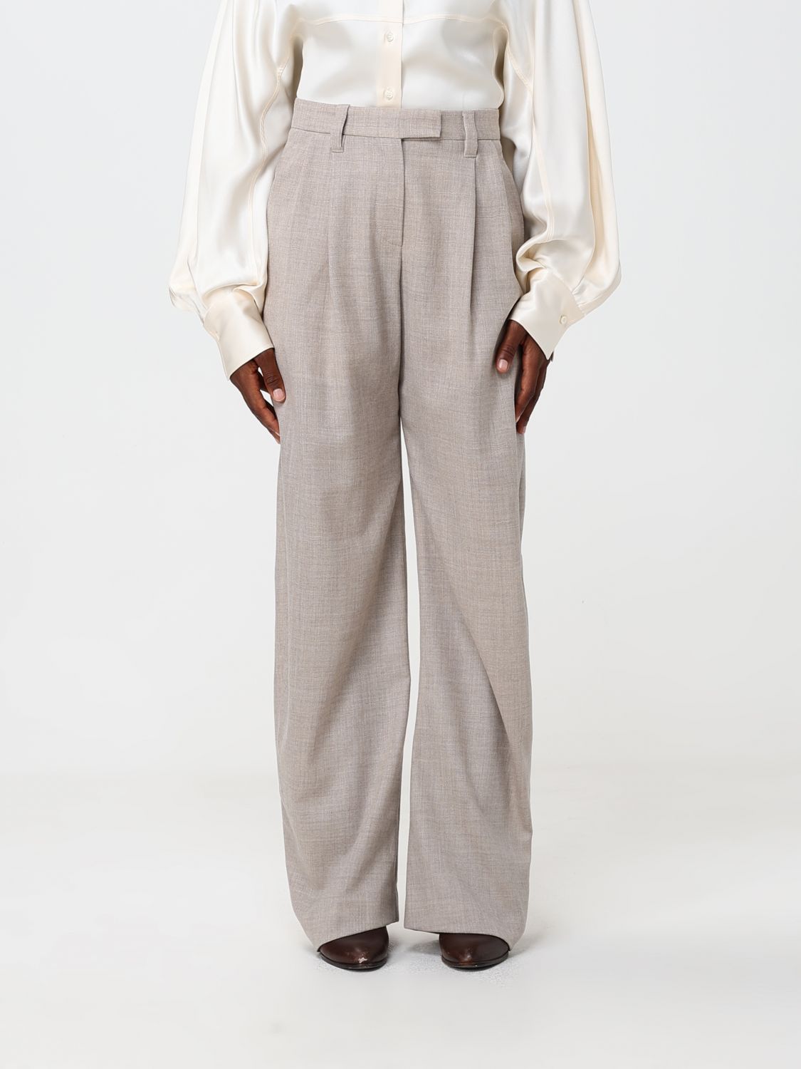 BRUNELLO CUCINELLI High-Waisted Pleated Wool Wide-Leg Trousers with Monili