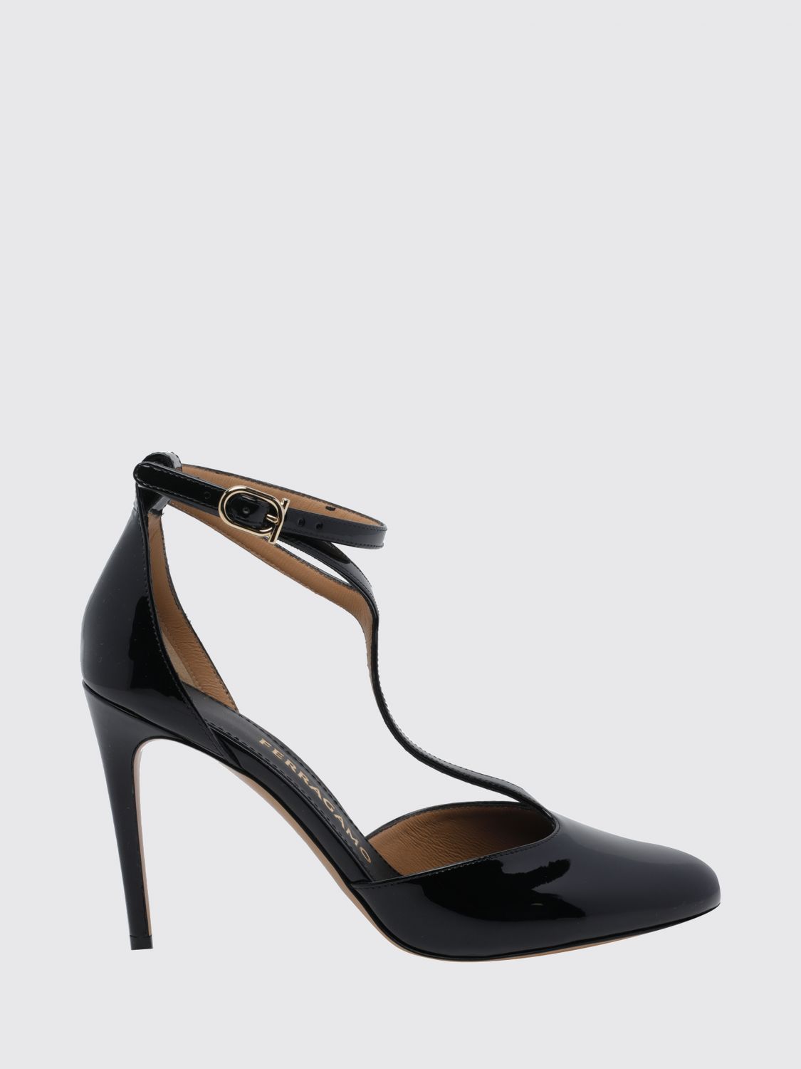 FERRAGAMO Patent Leather T-Strap Pumps with High Stiletto Heel