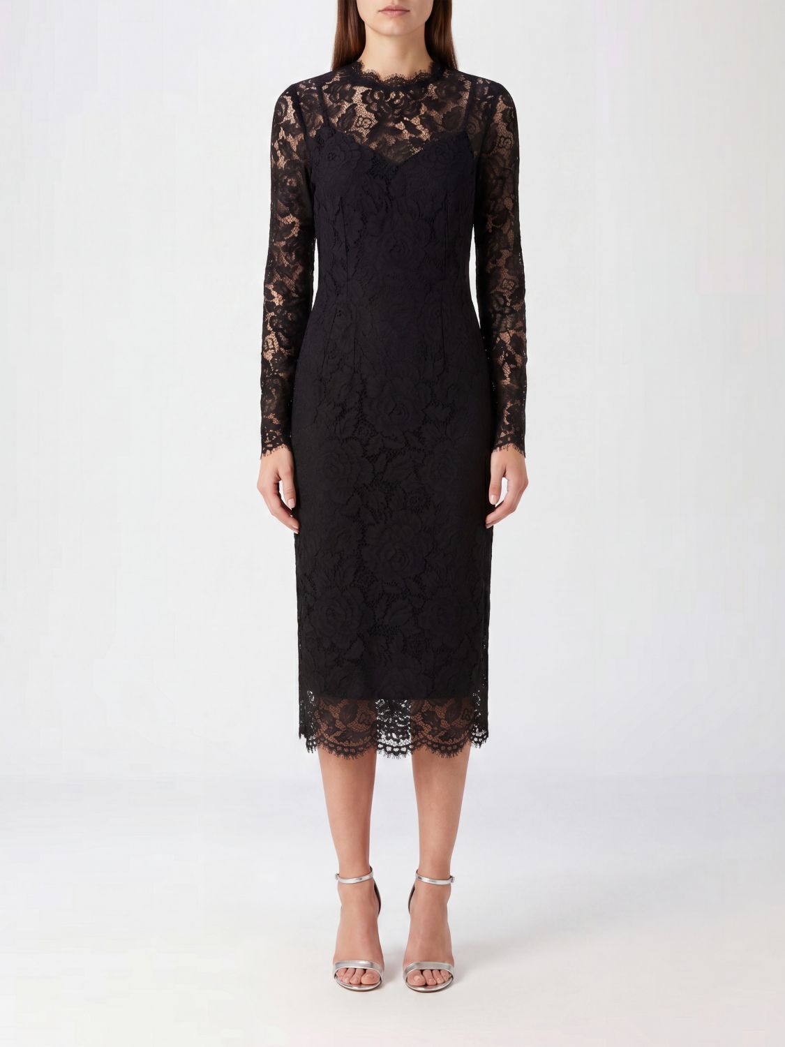 DOLCE & GABBANA Abito tubino midi in pizzo a maniche lunghe