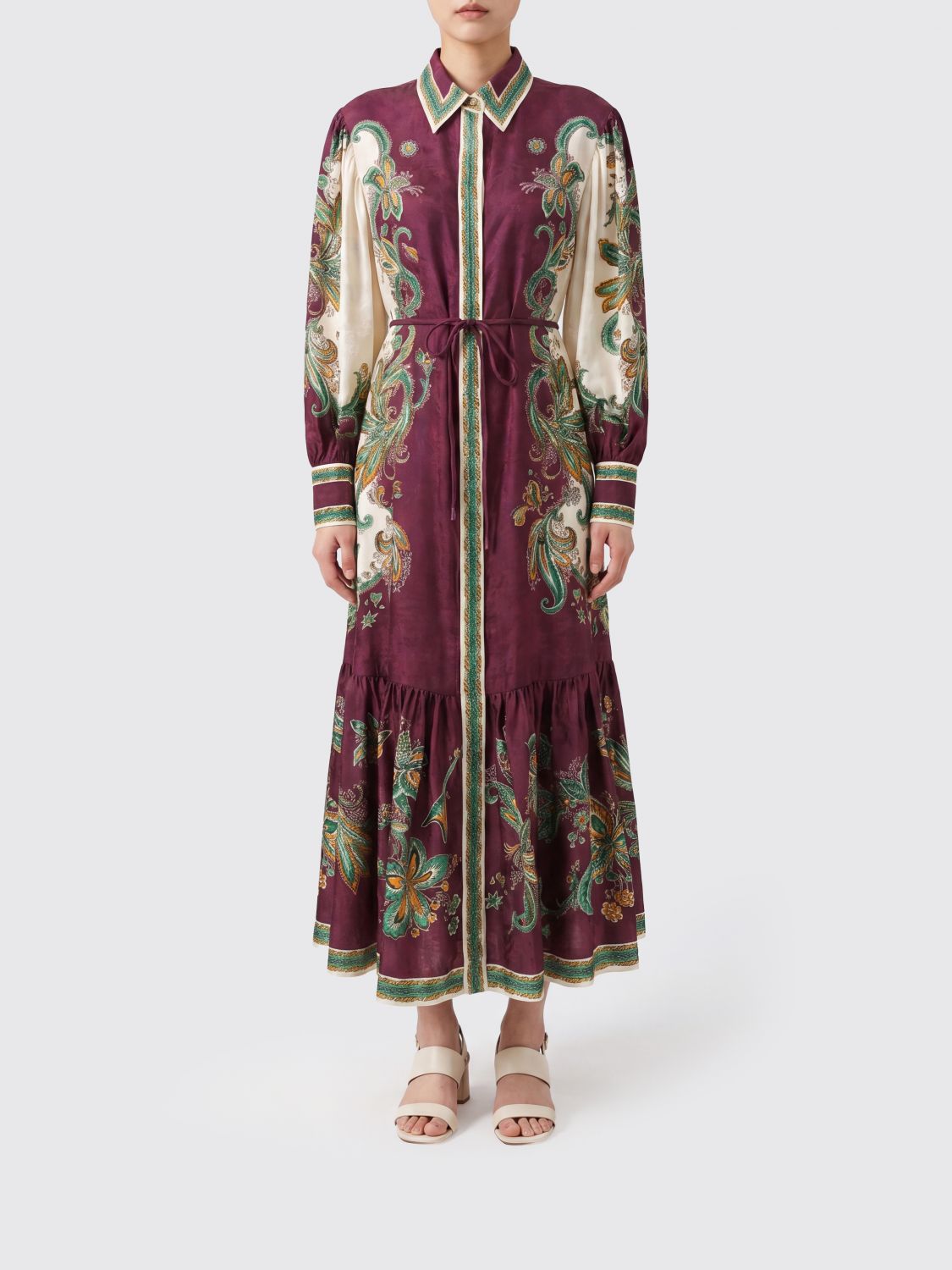 Alemais Long Silk-Blend Shirt Dress with Ethnic Print and Balloon Sleeves