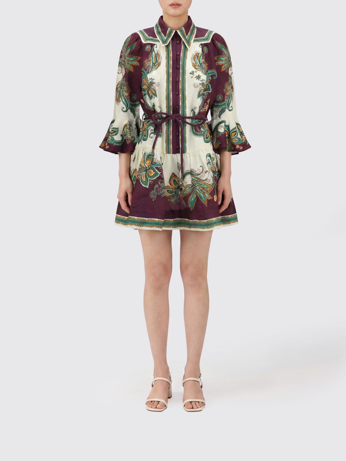 Alemais Linen Mini Shirt Dress with Ethnic Print and Balloon Sleeves
