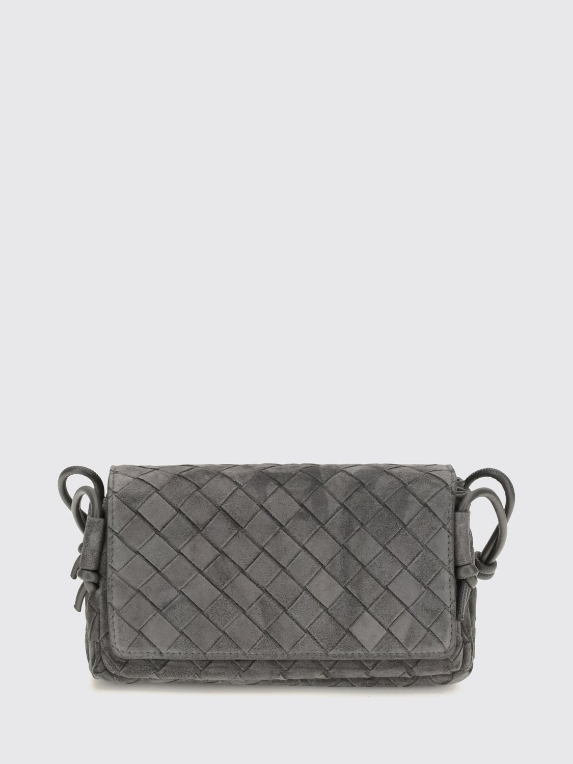 Bottega Veneta Notturno Intrecciato Suede Calfskin Shoulder Bag With Knotted Strap In Gray