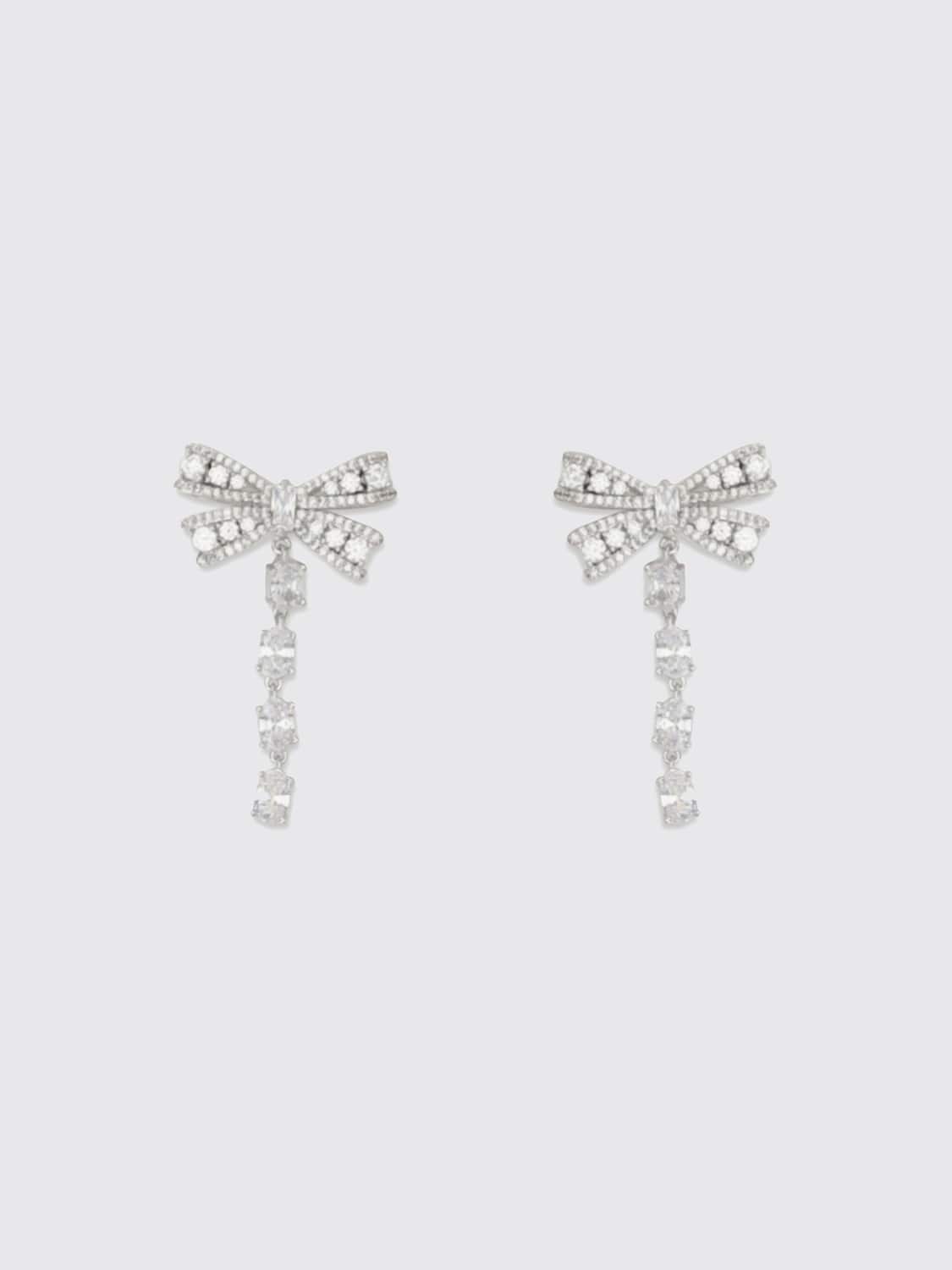 Self-Portrait Pendant Earrings in Chrome-Plated Brass with Bow and Set Crystals