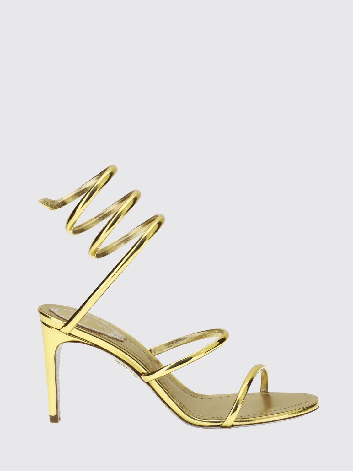 RENE CAOVILLA Heeled Sandals in Laminated Leather with Snake Ankle Strap