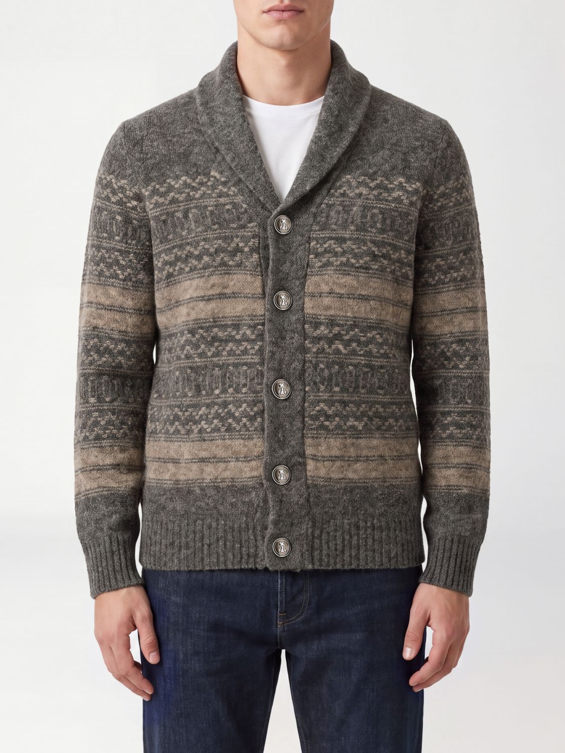 BRUNELLO CUCINELLI Striped Alpaca Wool Blend Cardigan with Shawl Collar