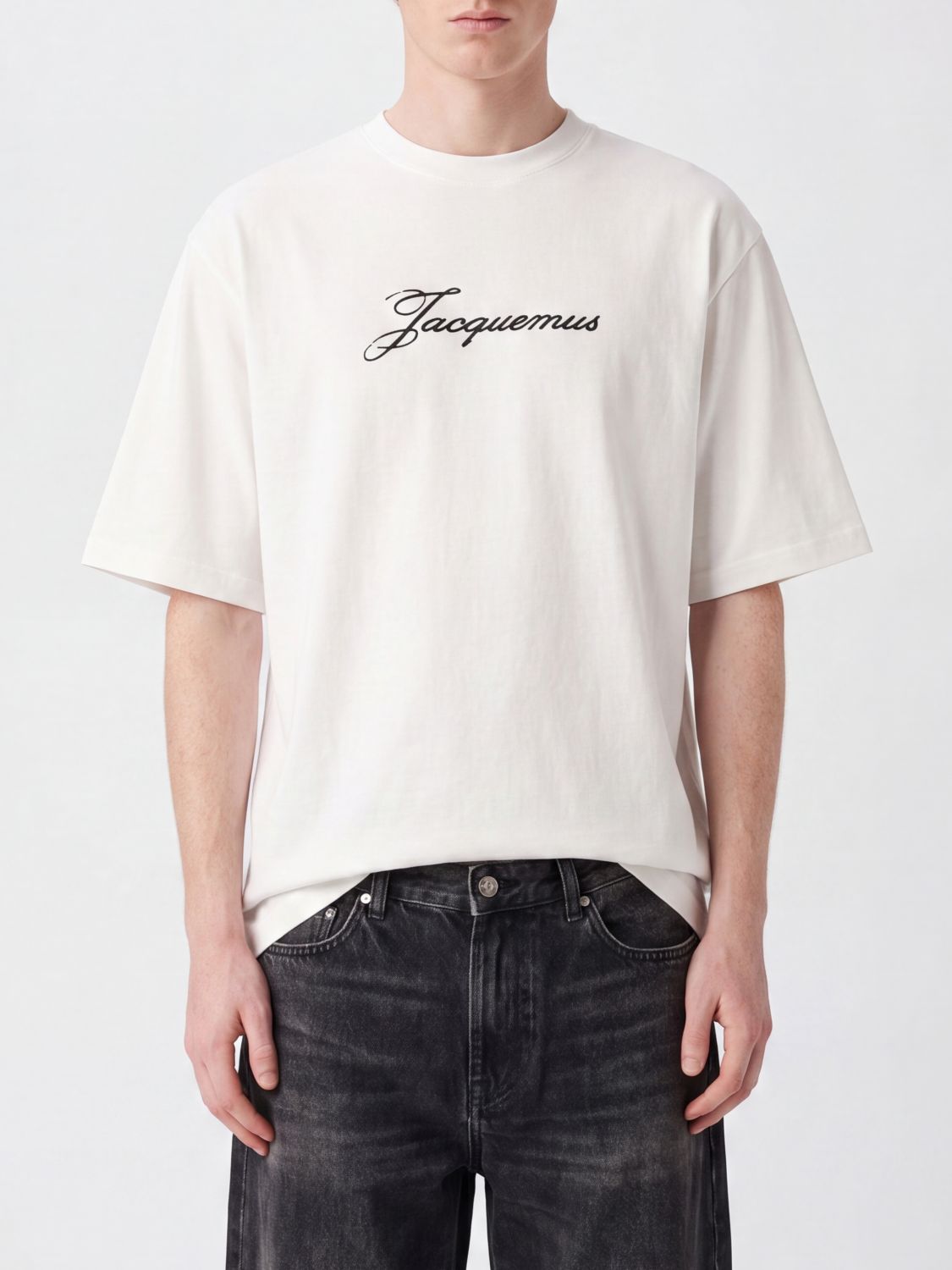 JACQUEMUS Crew Neck Cotton Blend T-Shirt with Printed Contrast Logo
