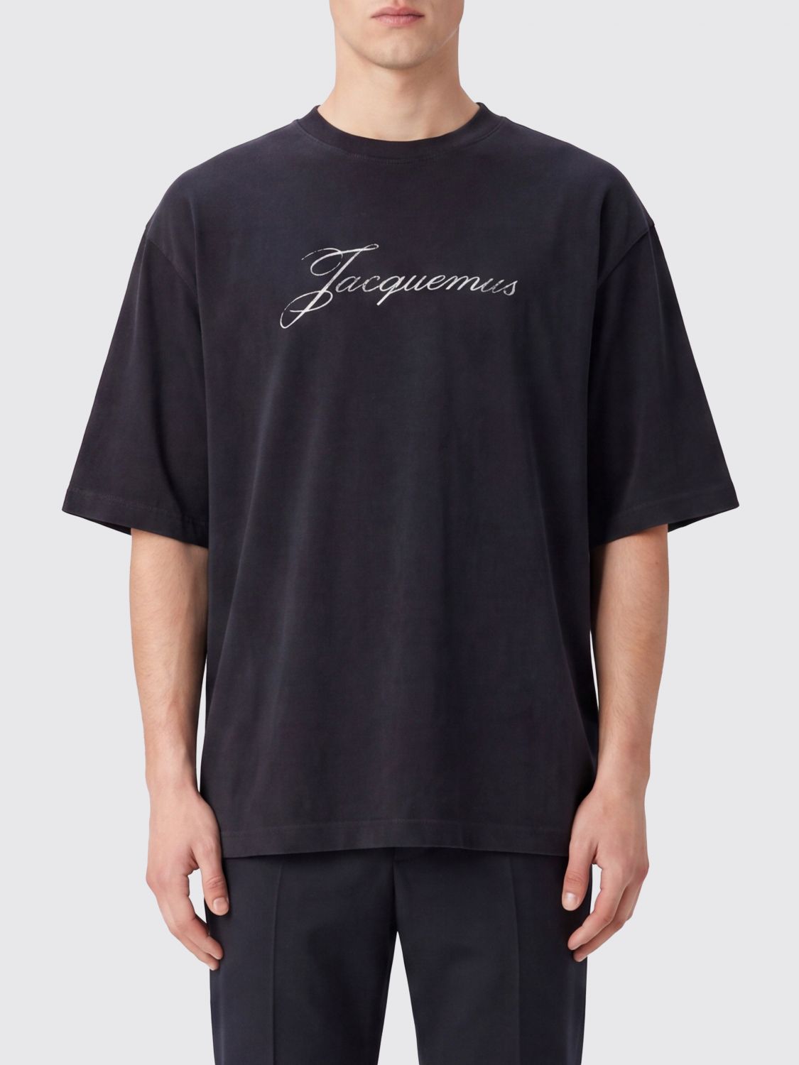 JACQUEMUS Crew Neck Cotton Blend T-Shirt with Printed Contrast Logo