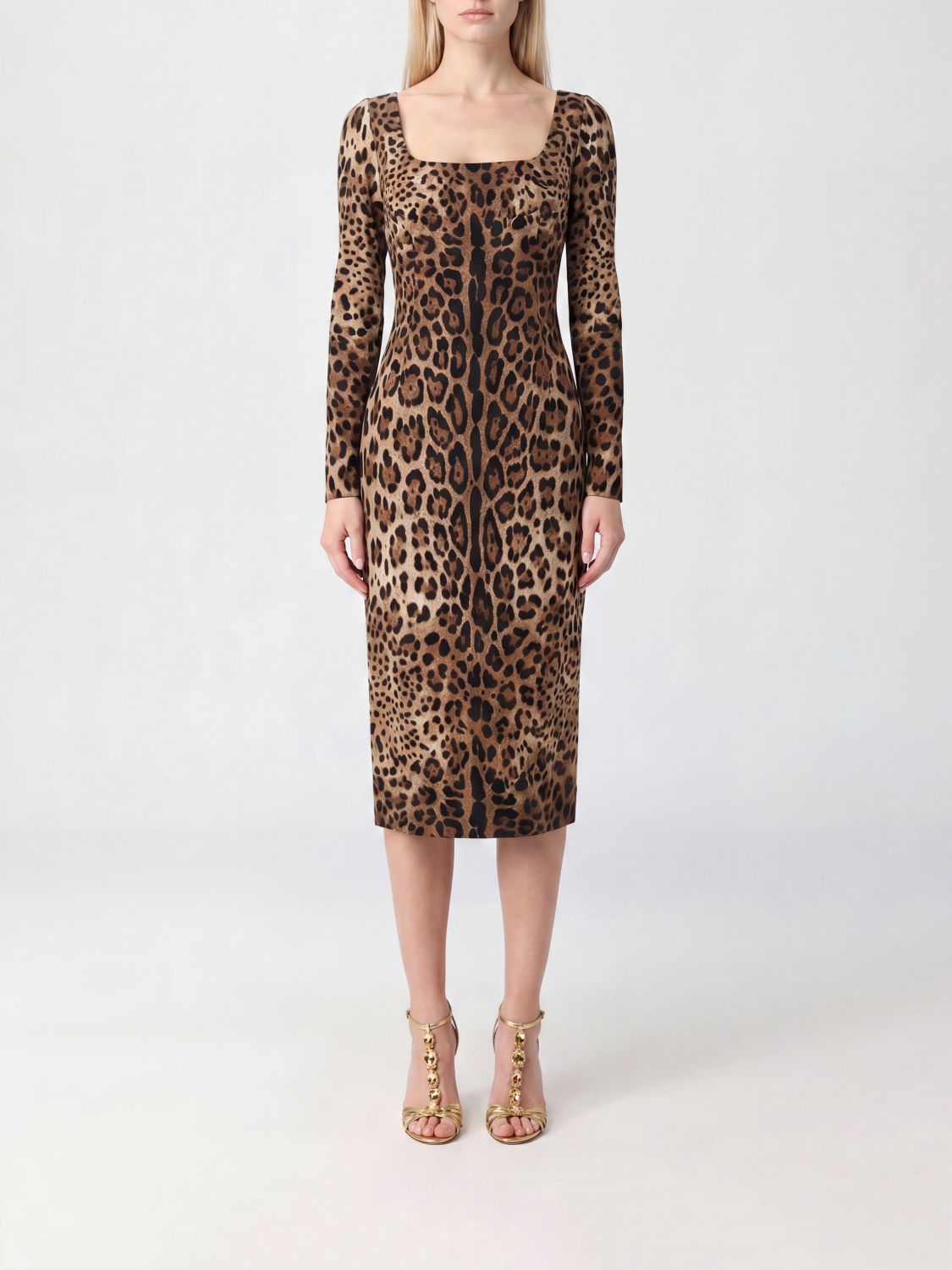 DOLCE & GABBANA Animal Print Viscose Sheath Midi Dress with Square Neckline