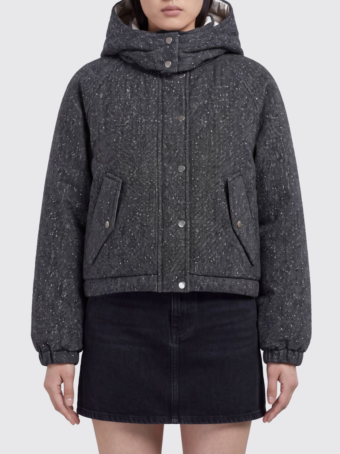 BRUNELLO CUCINELLI Relaxed Fit Padded Wool-Blend Bomber Jacket with Hood