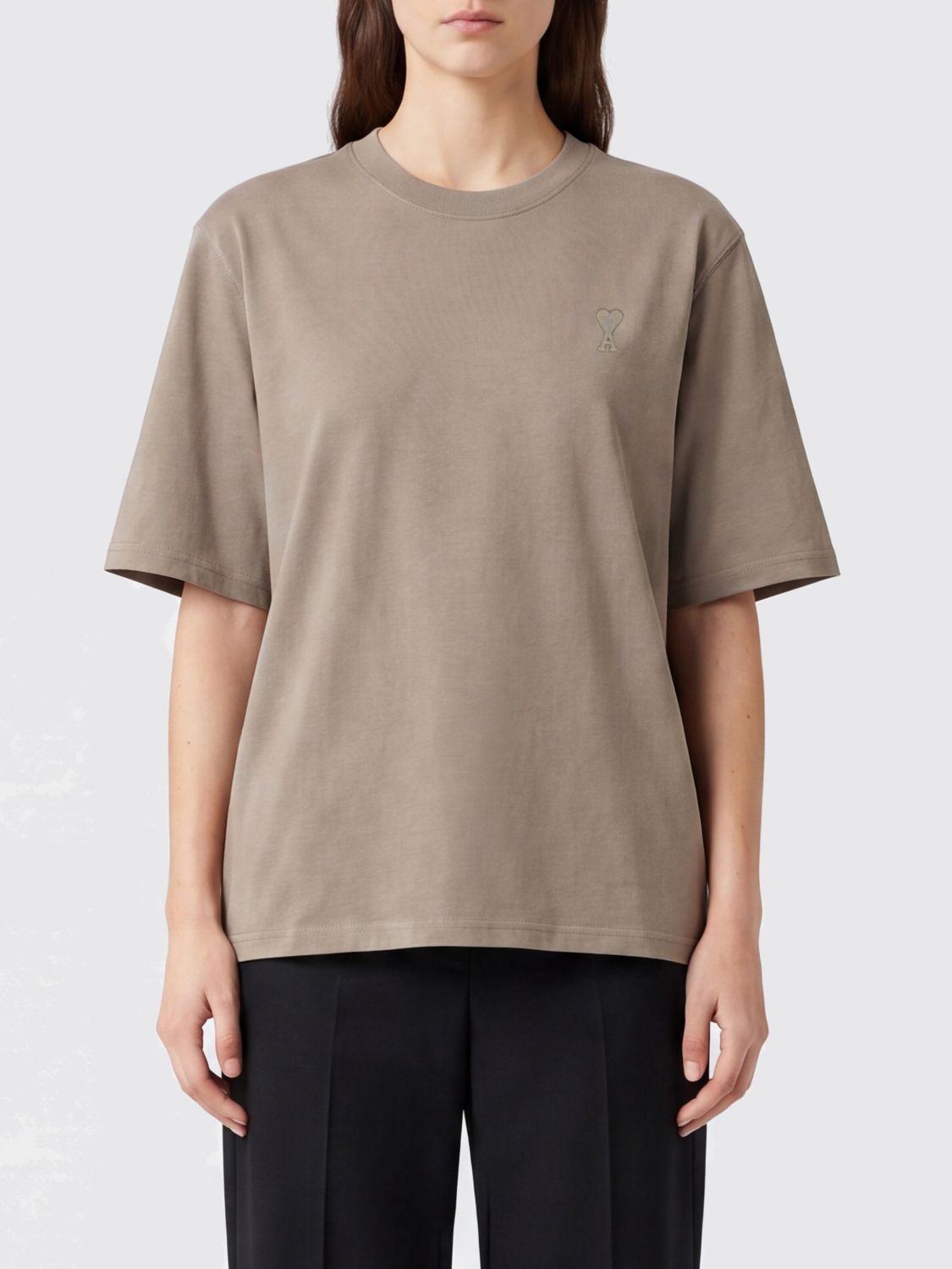 AMI PARIS Beige Cotton T-shirt with Crew Neck and Dropped Shoulders