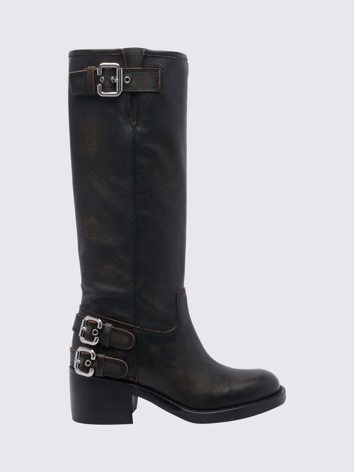 CHLOÉ Dakota Grained Calfskin Knee-High Biker Boots with Straps