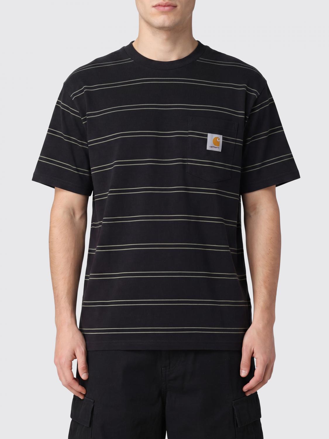 CARHARTT WIP T-shirt a righe in cotone con taschino sul petto e logo applicato