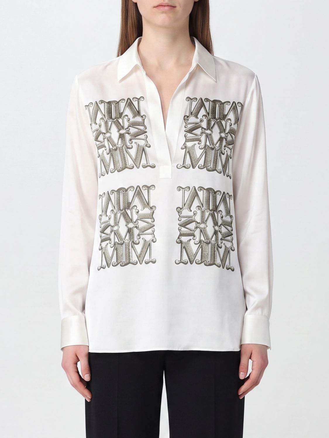 MAX MARA Monogram Print Silk Shirt with Classic Collar
