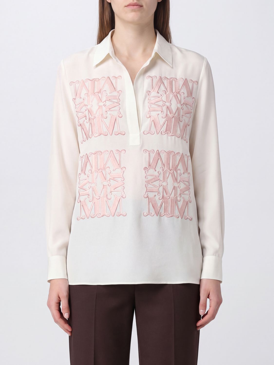 MAX MARA Monogram Print Silk Shirt with Classic Collar