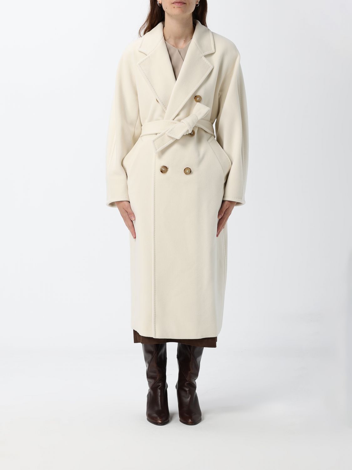 MAX MARA Madame Double-Breasted Long Wool Coat with Belt