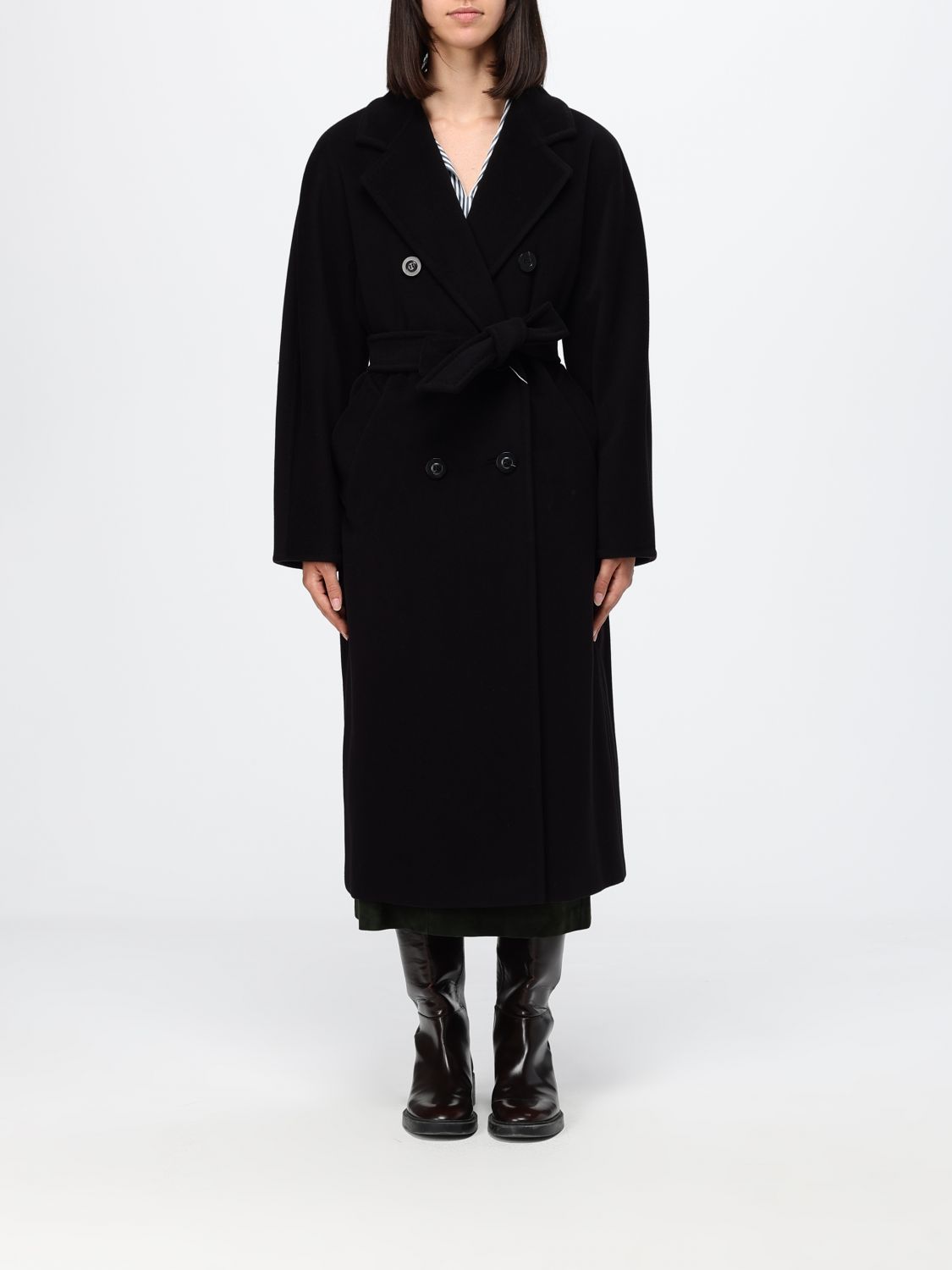 MAX MARA Madame Double-Breasted Long Wool Coat with Belt
