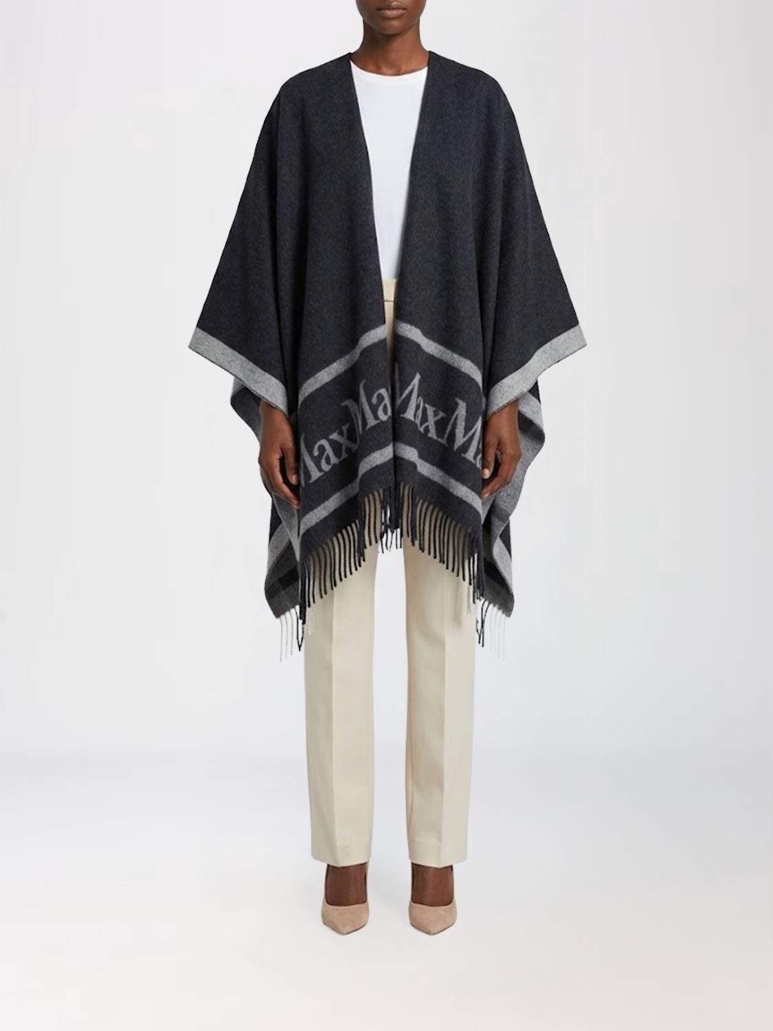 MAX MARA Short Wool Cape with Jacquard Logo and Fringed Hem
