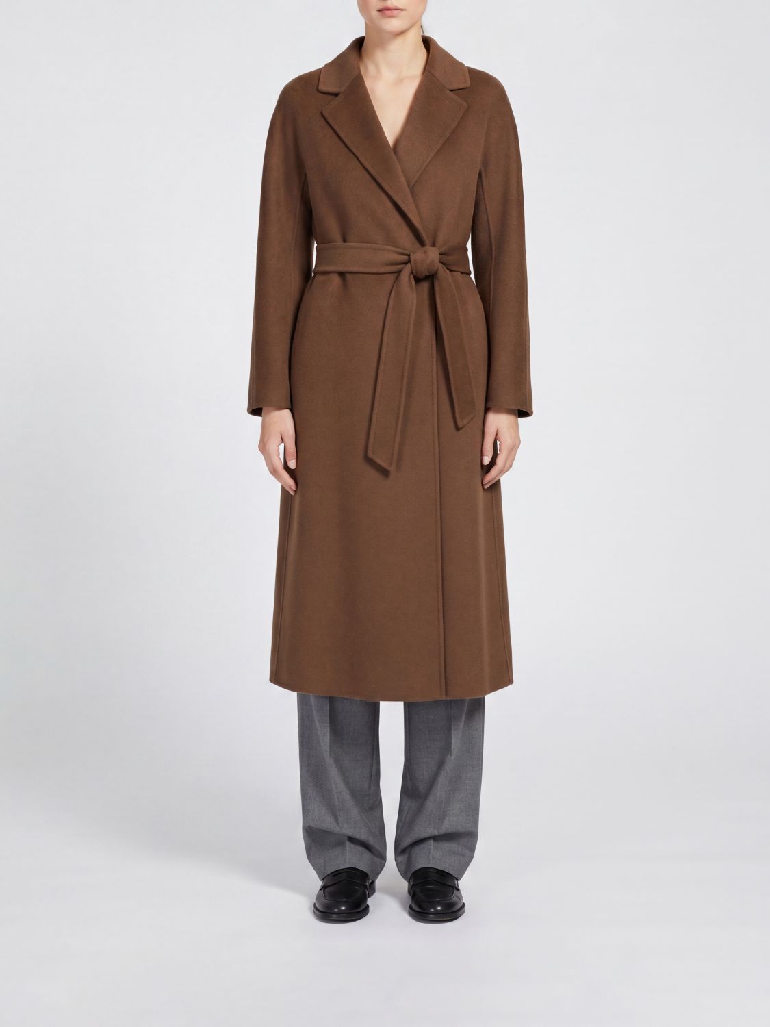 's Max Mara Long Robe Coat In Pure Virgin Wool With Matching Belt In Brown