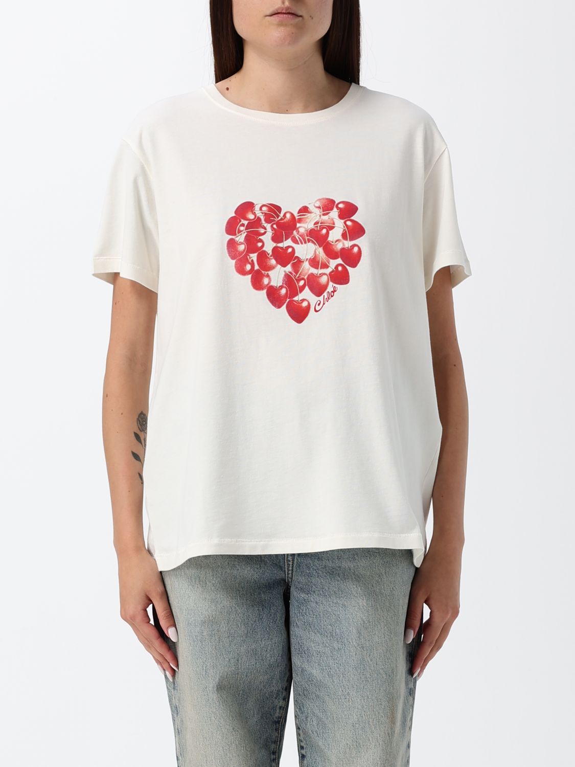 CHLOÉ T-shirt in cotone con stampa a cuori e spalle cadute