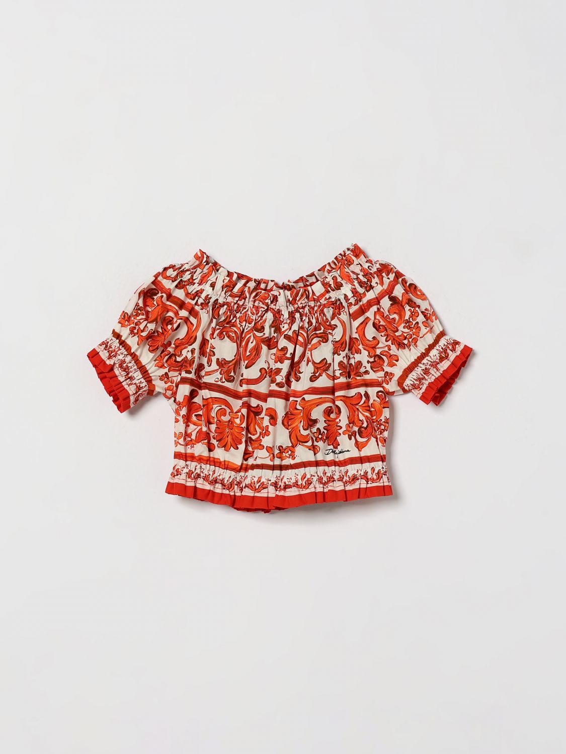 DOLCE & GABBANA Mädchen-Top aus Baumwolle mit Majolika-Print und Puffärmeln