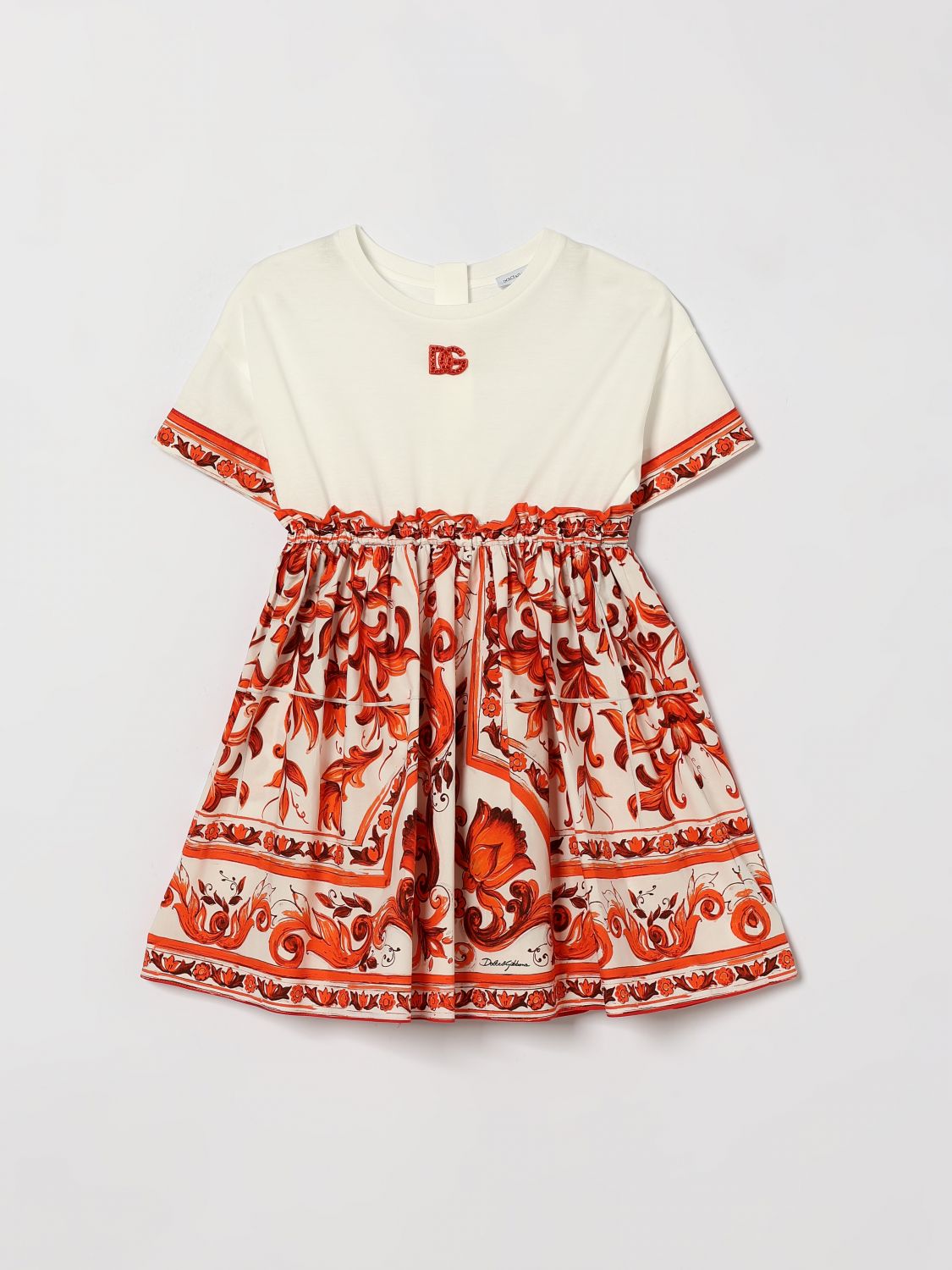 DOLCE & GABBANA Mini abito da bambina in cotone con stampa Maioliche e logo DG