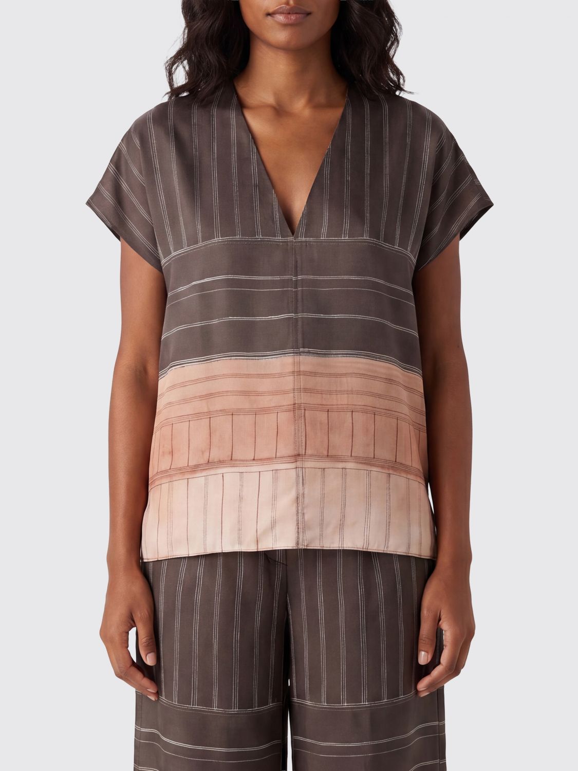 ALYSI Striped Silk Blouse with V-Neck and Short Sleeves