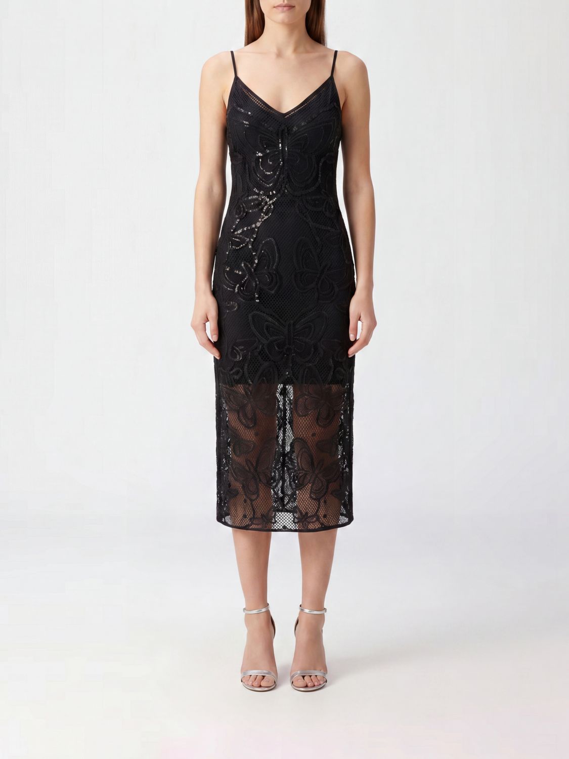 BLUMARINE Abito midi a tubino in pizzo con paillettes e scollo a V